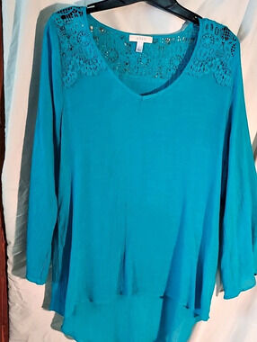 HALO Lace Yoke Blouse in Blue Size Large